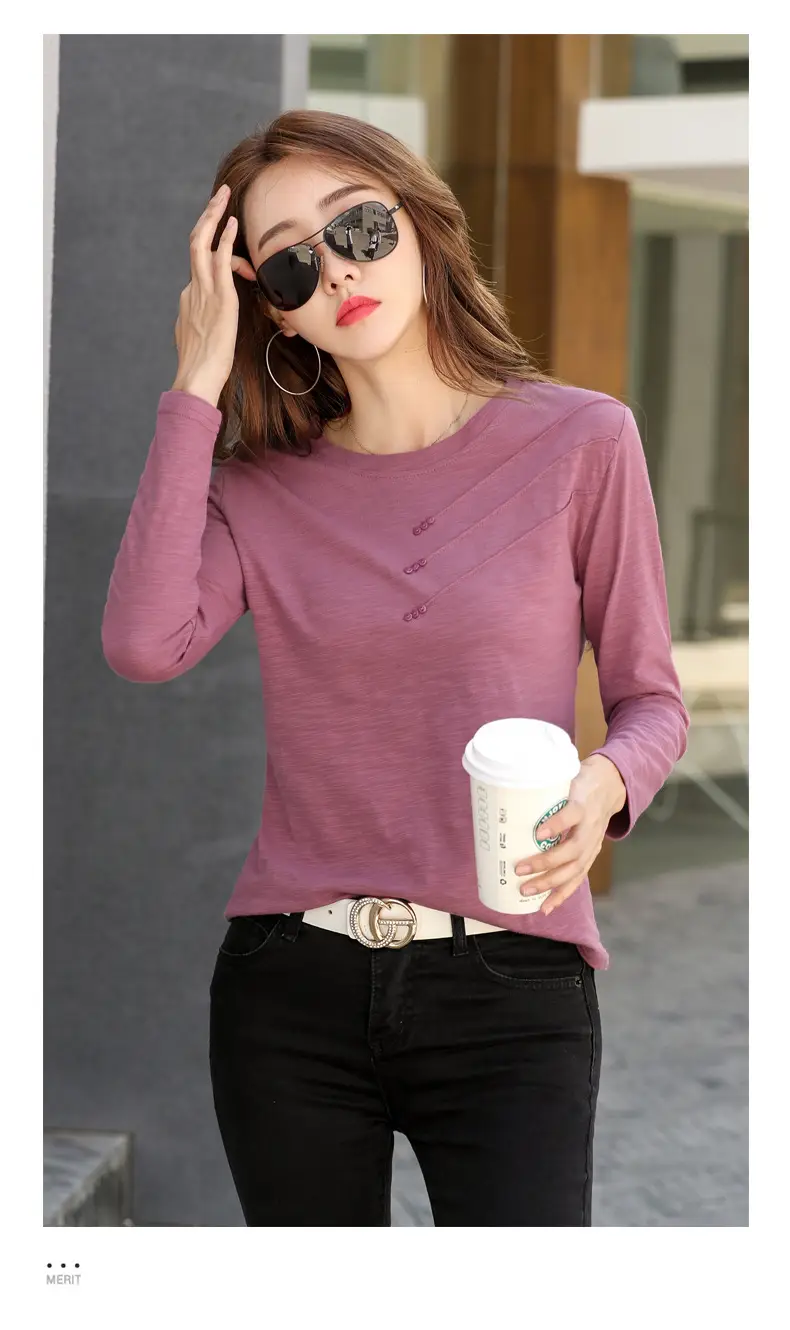 Women White Round Neck Long Sleeve T-Shirt Slub Cotton — feature 17