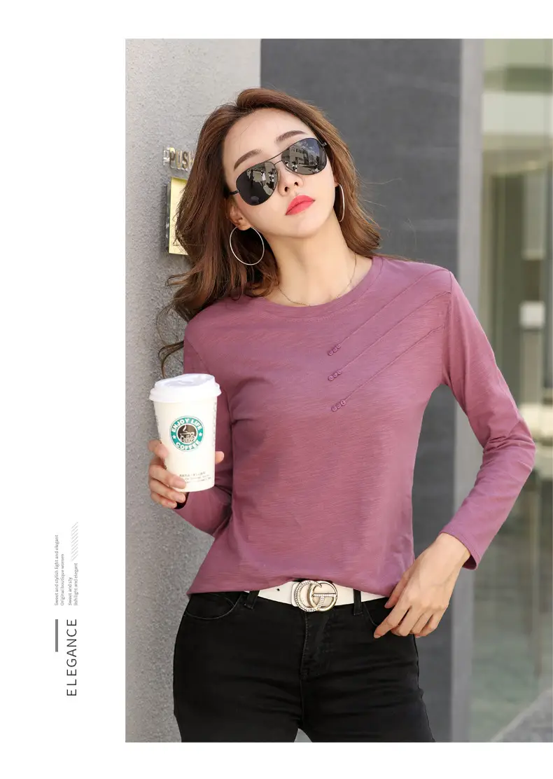 Women White Round Neck Long Sleeve T-Shirt Slub Cotton — feature 19