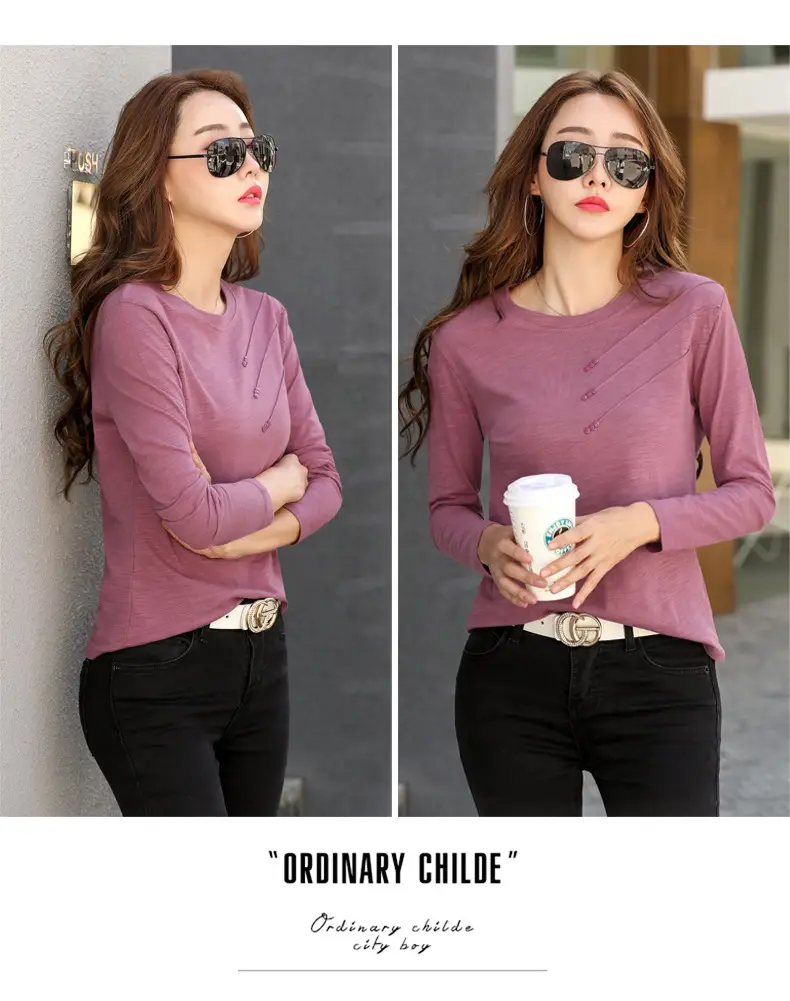 Women White Round Neck Long Sleeve T-Shirt Slub Cotton — feature 20