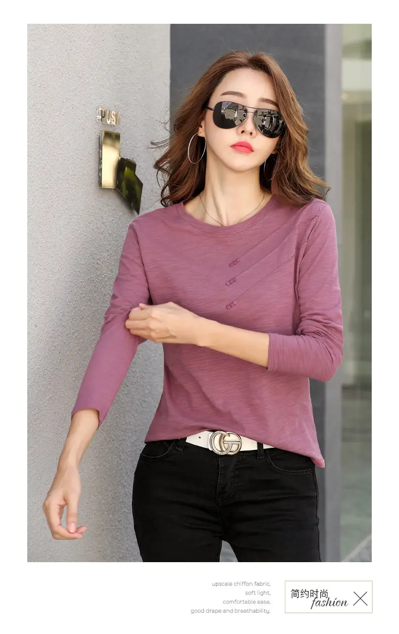 Women White Round Neck Long Sleeve T-Shirt Slub Cotton — feature 21