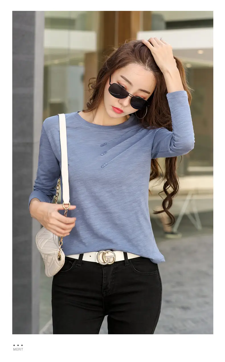 Women White Round Neck Long Sleeve T-Shirt Slub Cotton — feature 24