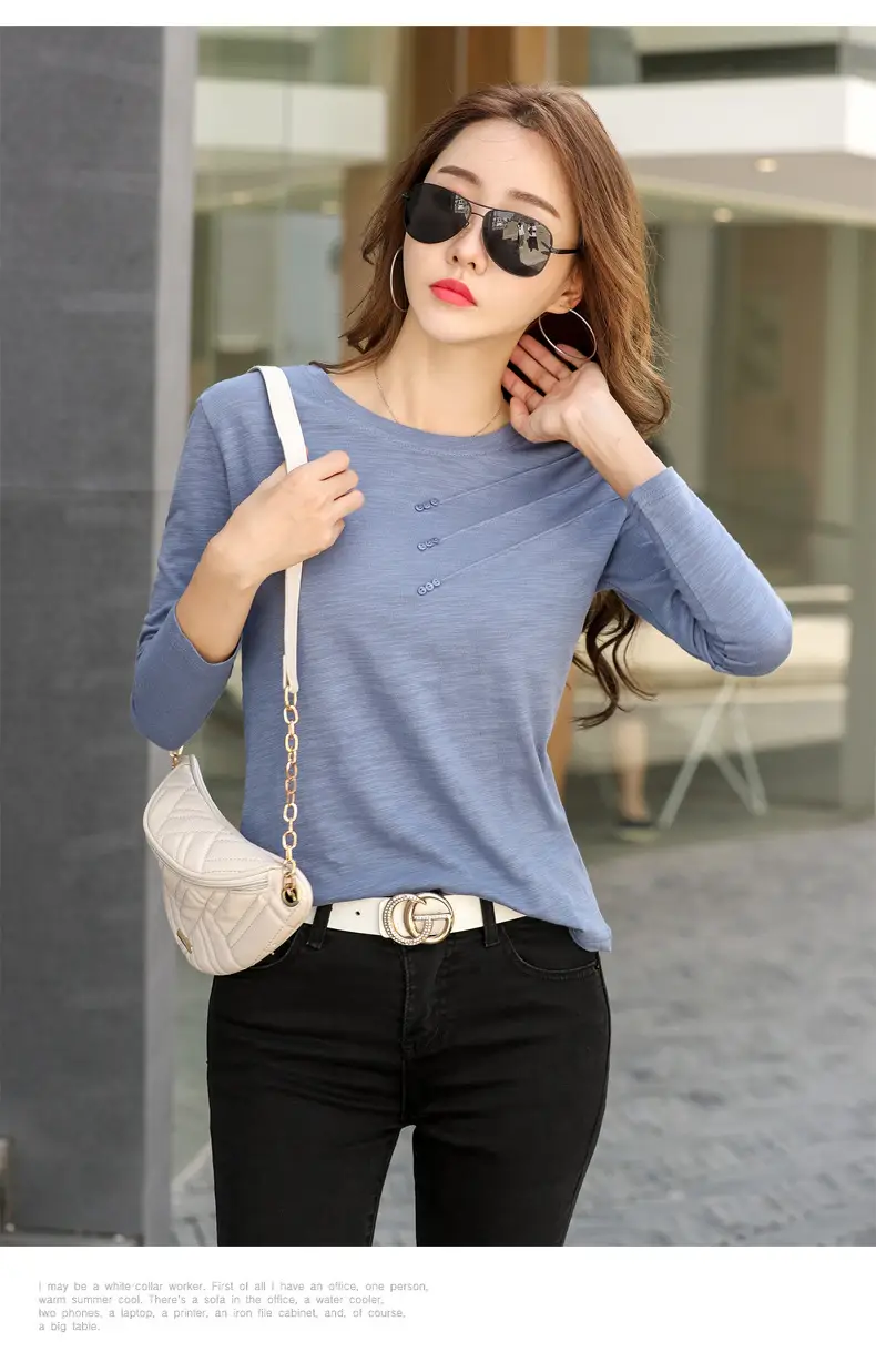 Women White Round Neck Long Sleeve T-Shirt Slub Cotton — feature 25