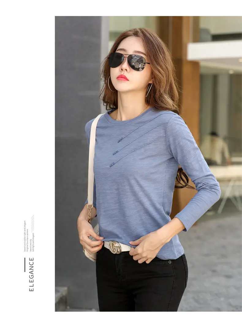 Women White Round Neck Long Sleeve T-Shirt Slub Cotton — feature 26