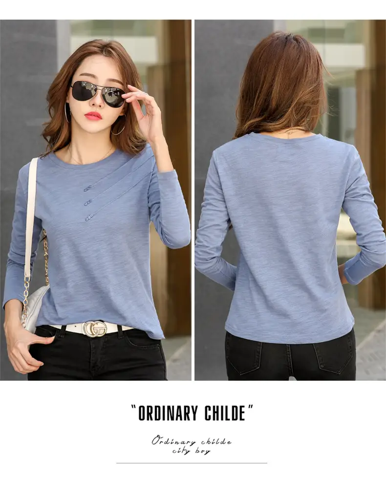 Women White Round Neck Long Sleeve T-Shirt Slub Cotton — feature 27