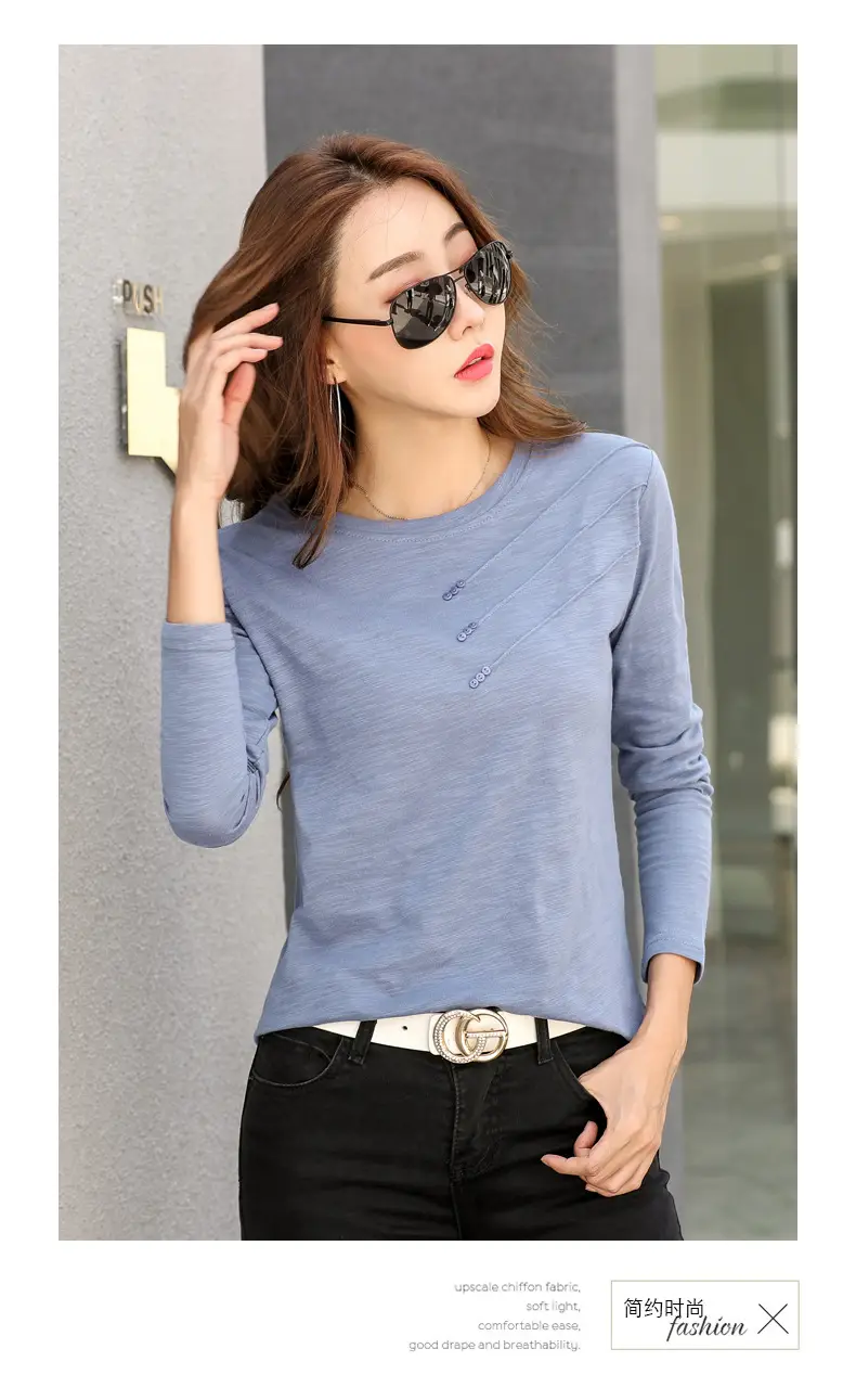 Women White Round Neck Long Sleeve T-Shirt Slub Cotton — feature 28