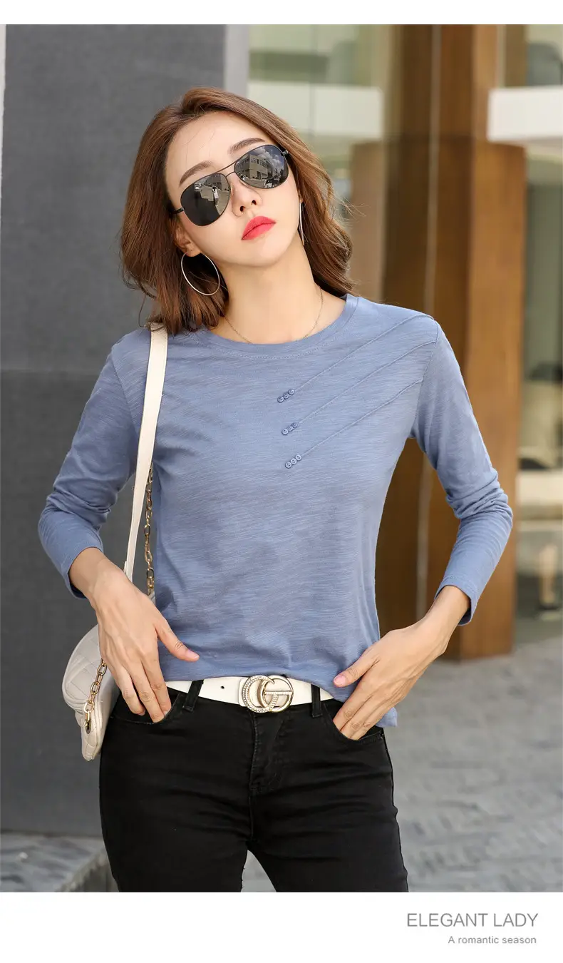 Women White Round Neck Long Sleeve T-Shirt Slub Cotton — feature 29