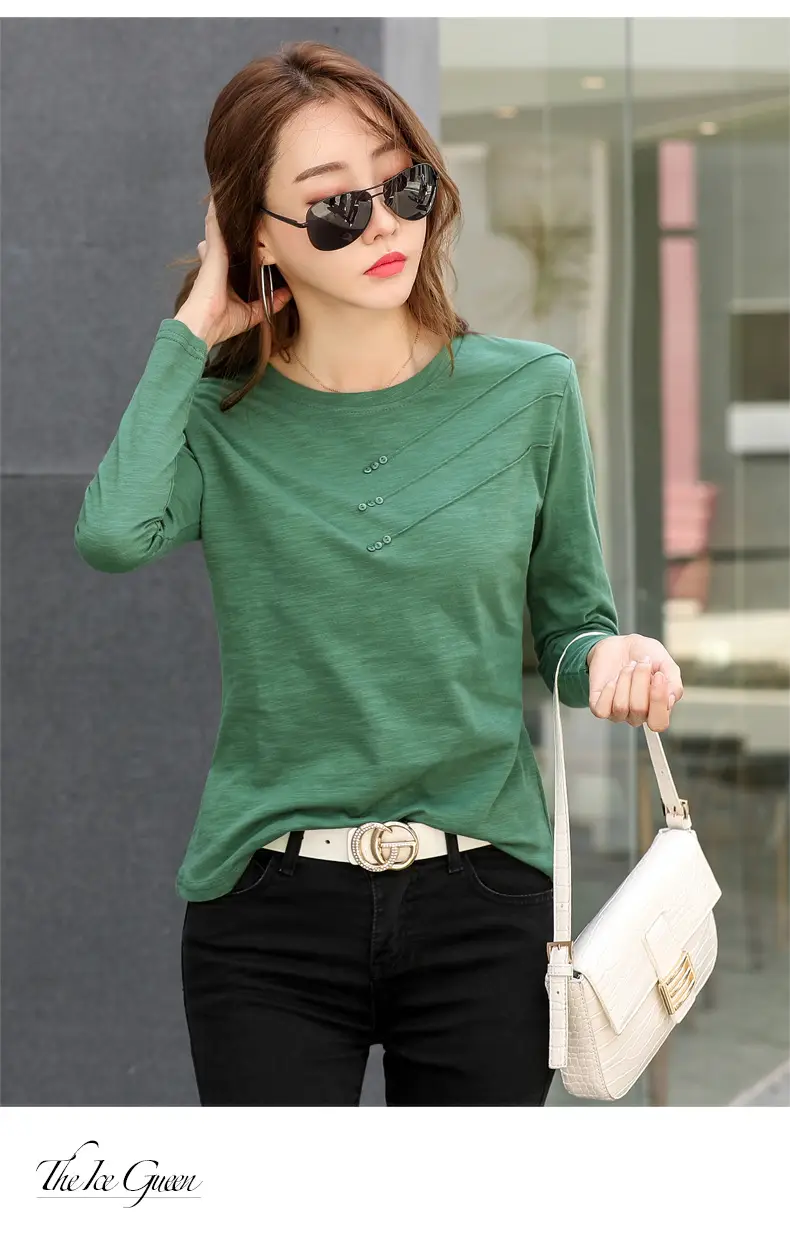Women White Round Neck Long Sleeve T-Shirt Slub Cotton — feature 30