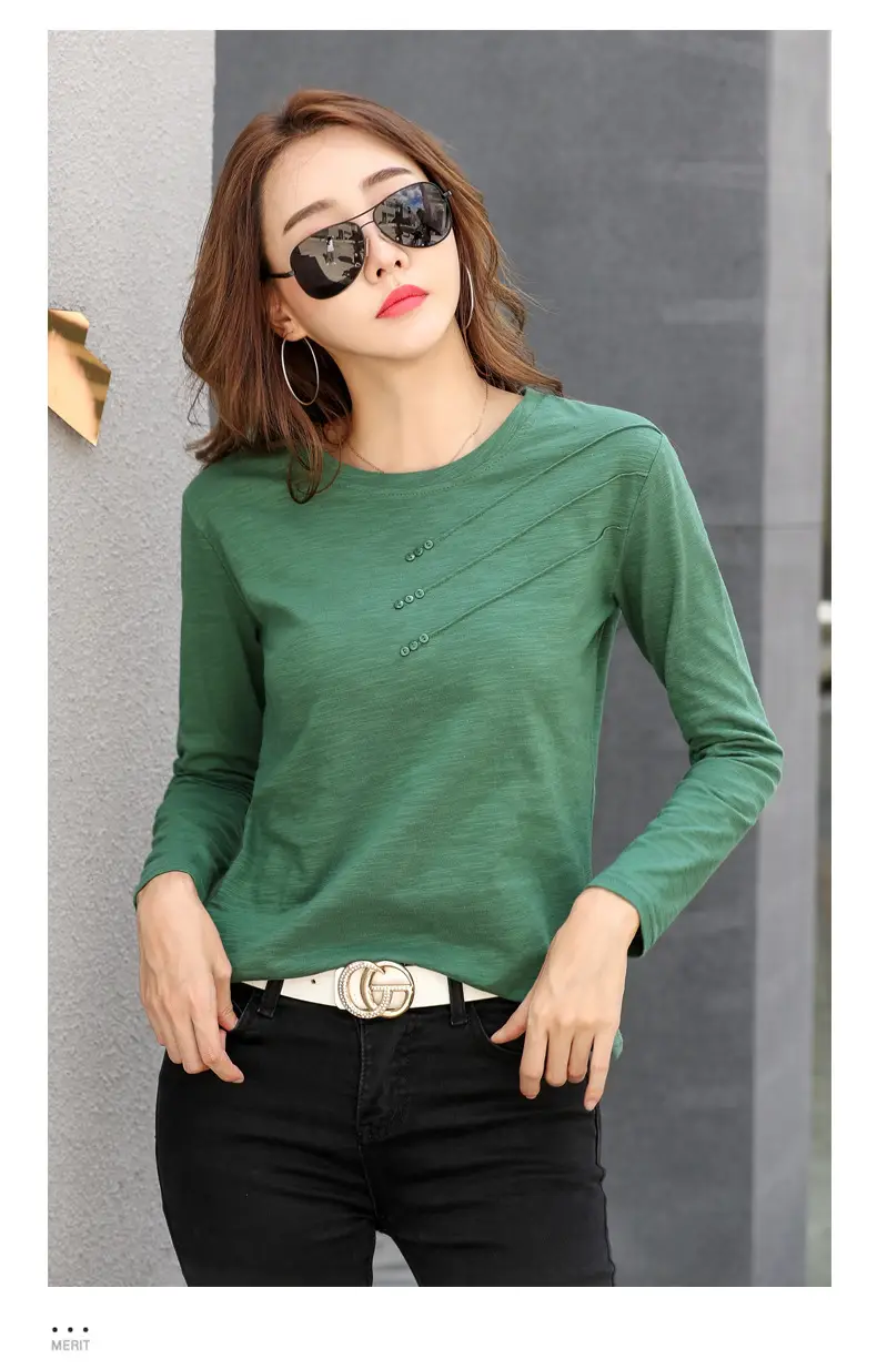 Women White Round Neck Long Sleeve T-Shirt Slub Cotton — feature 31
