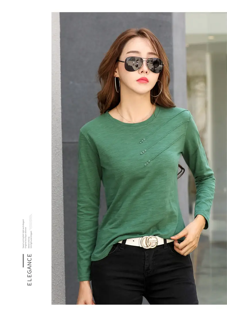 Women White Round Neck Long Sleeve T-Shirt Slub Cotton — feature 33