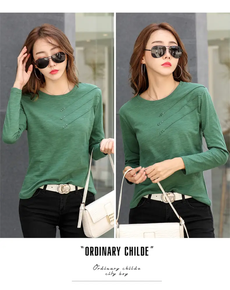 Women White Round Neck Long Sleeve T-Shirt Slub Cotton — feature 34