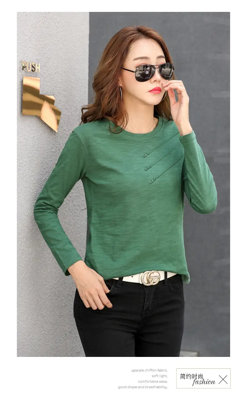 Women White Round Neck Long Sleeve T-Shirt Slub Cotton — feature 35