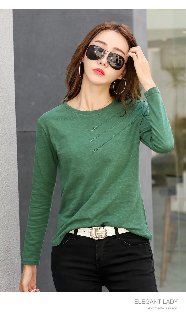 Women White Round Neck Long Sleeve T-Shirt Slub Cotton — feature 36