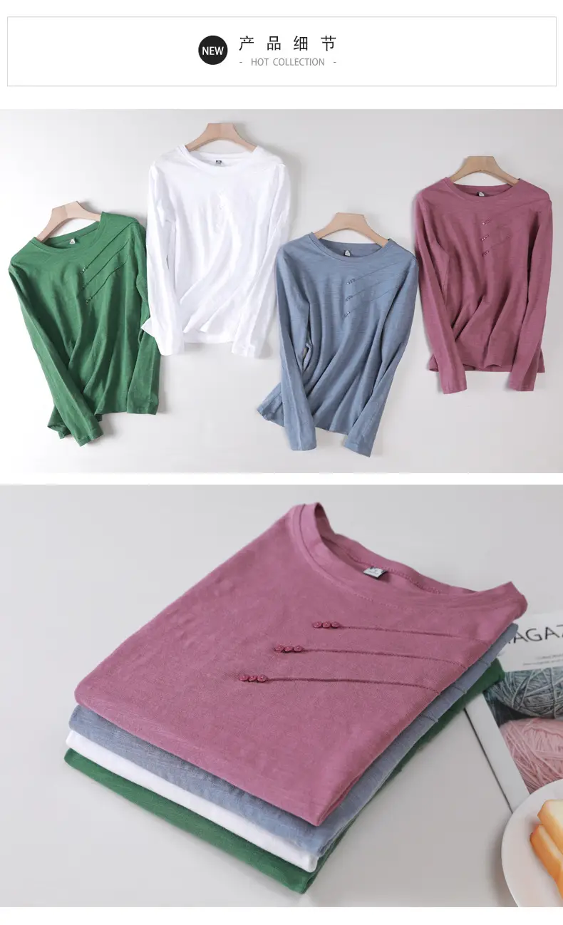 Women White Round Neck Long Sleeve T-Shirt Slub Cotton — feature 37