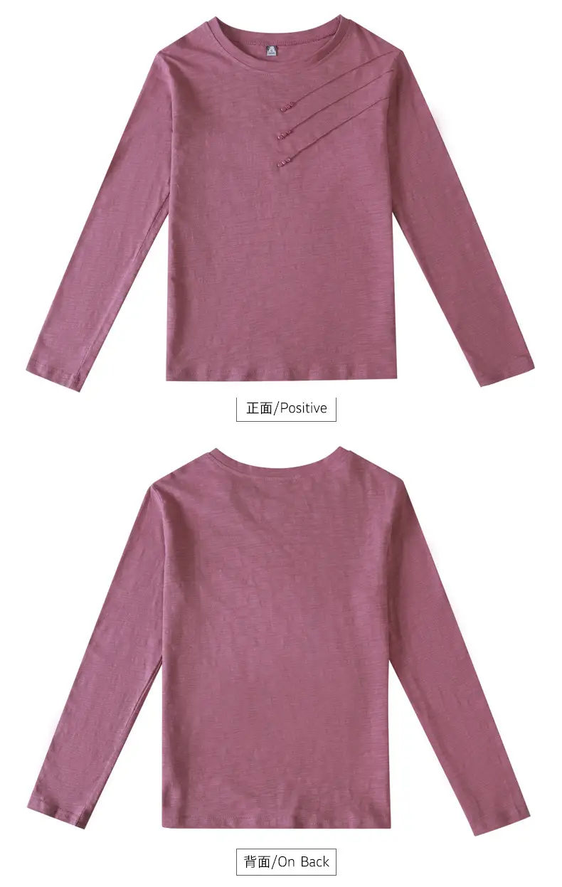 Women White Round Neck Long Sleeve T-Shirt Slub Cotton — feature 38
