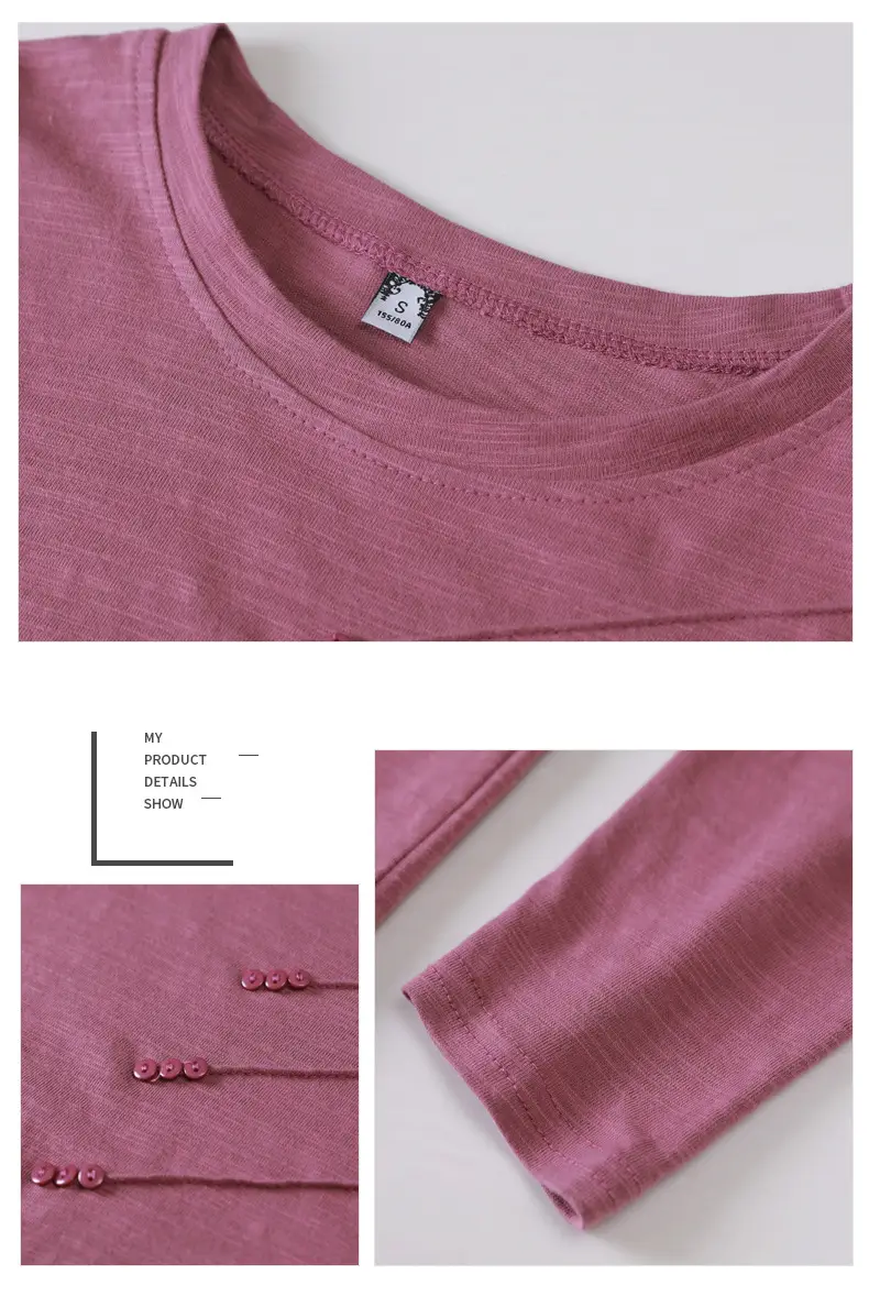 Women White Round Neck Long Sleeve T-Shirt Slub Cotton — feature 39