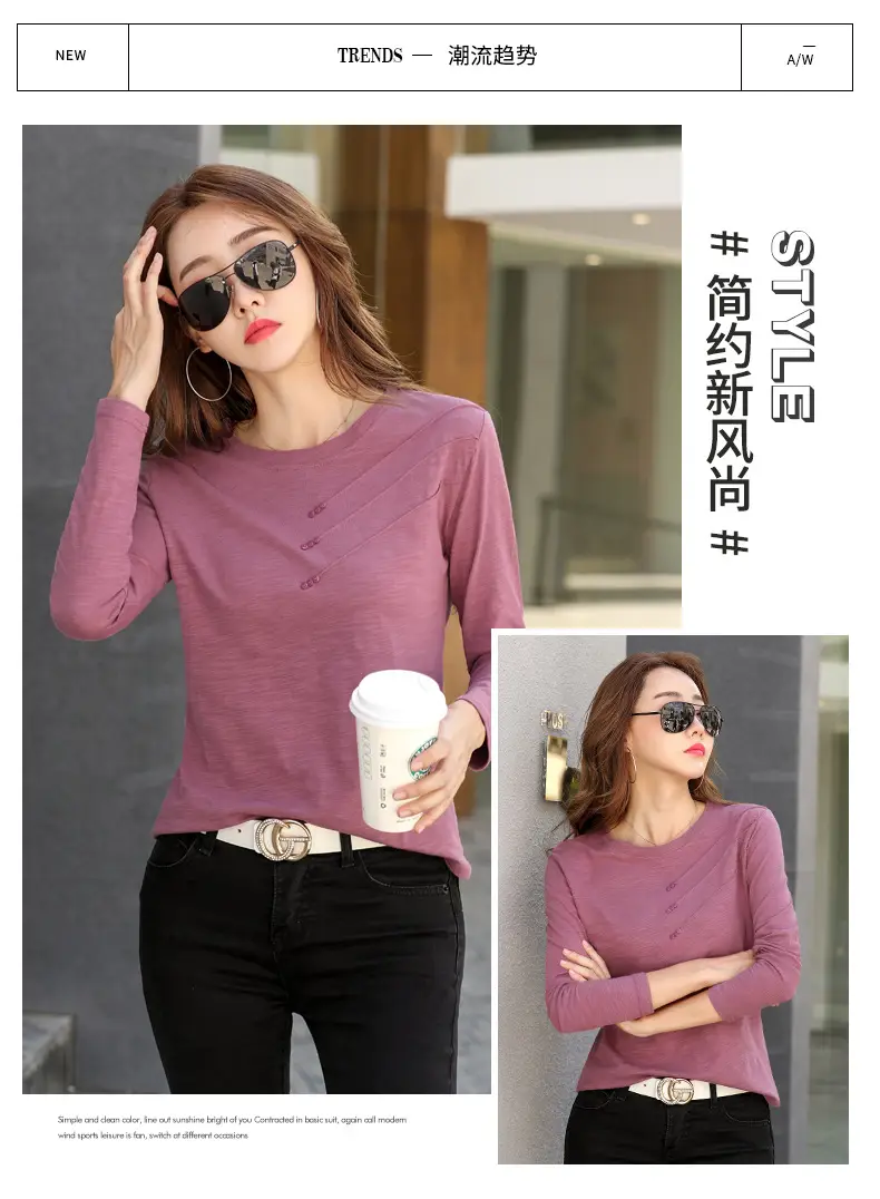 Women White Round Neck Long Sleeve T-Shirt Slub Cotton — feature 4