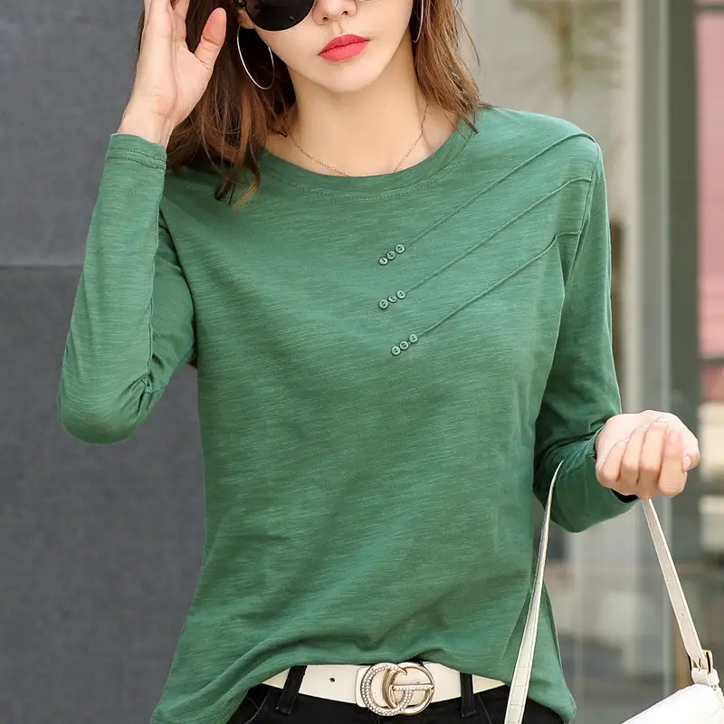 Women White Round Neck Long Sleeve T-Shirt Slub Cotton - Image 3