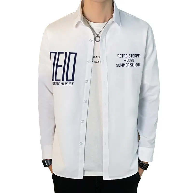 Men's Navy Blue Printed Long Sleeve Korean Style Shirt - Image 9