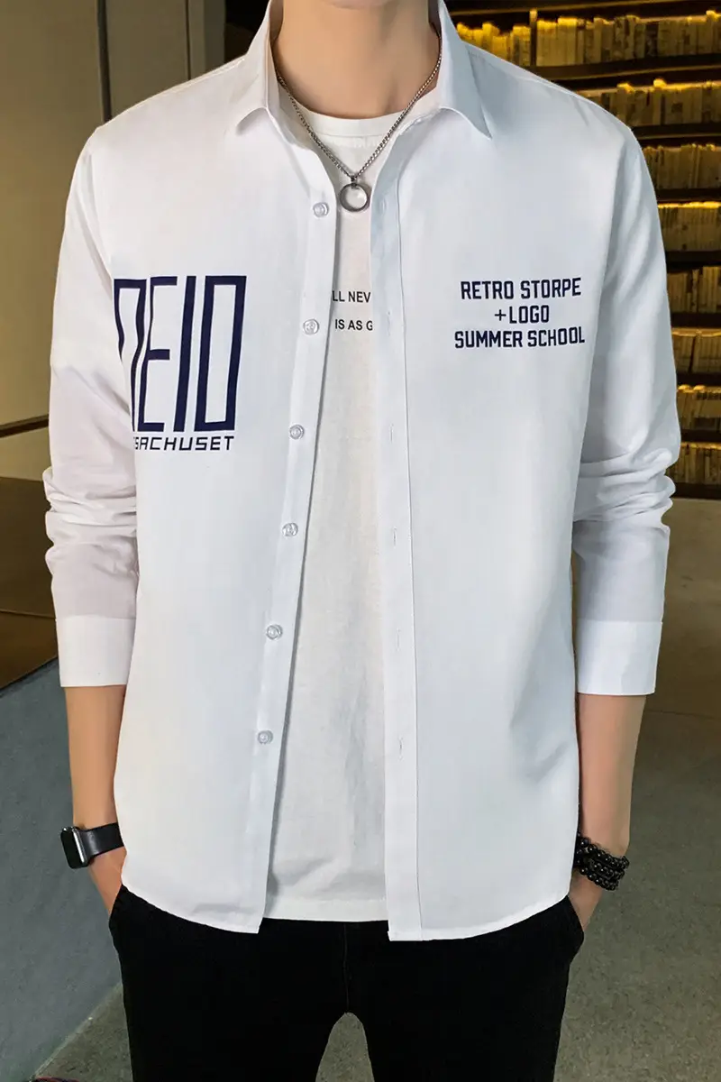 Men's Navy Blue Printed Long Sleeve Korean Style Shirt - Image 10