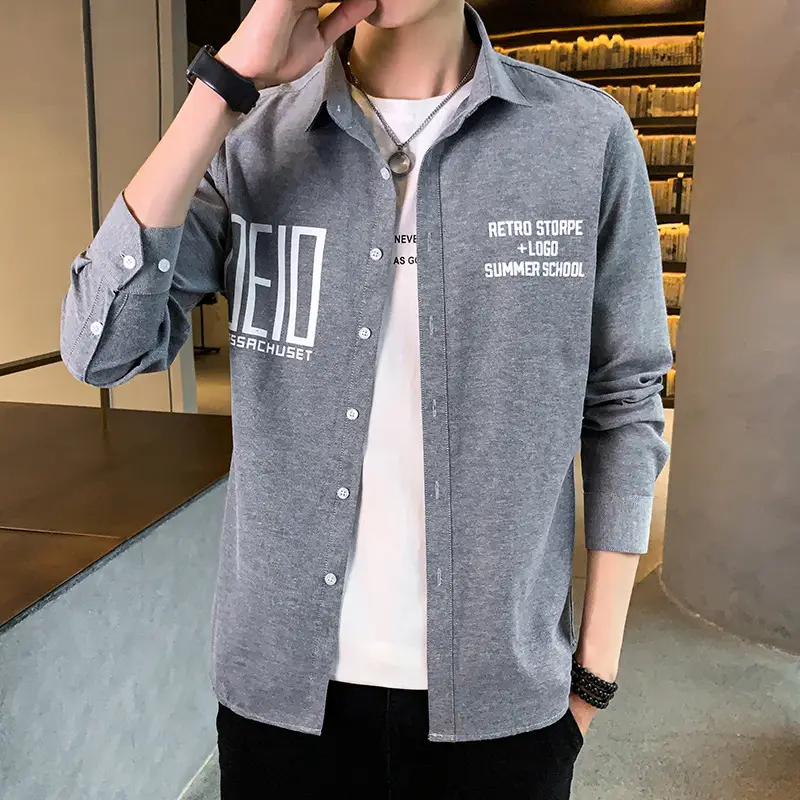 Men's Navy Blue Printed Long Sleeve Korean Style Shirt - Image 2