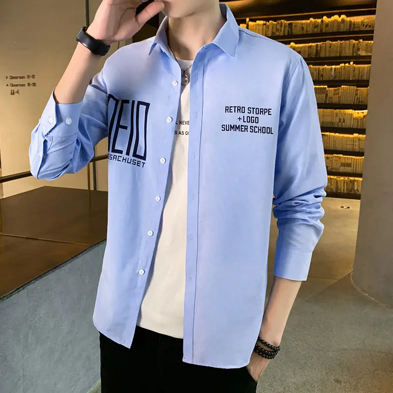 Men's Navy Blue Printed Long Sleeve Korean Style Shirt - Image 3