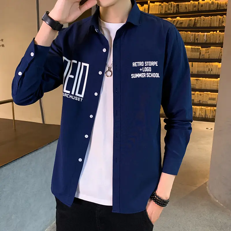 Men's Navy Blue Printed Long Sleeve Korean Style Shirt - Image 4