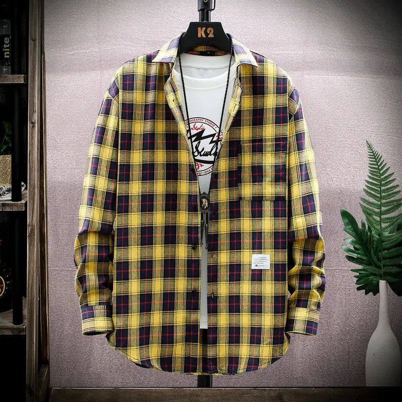 Men Plaid Flannel Shirt Loose Fit Yellow Blue