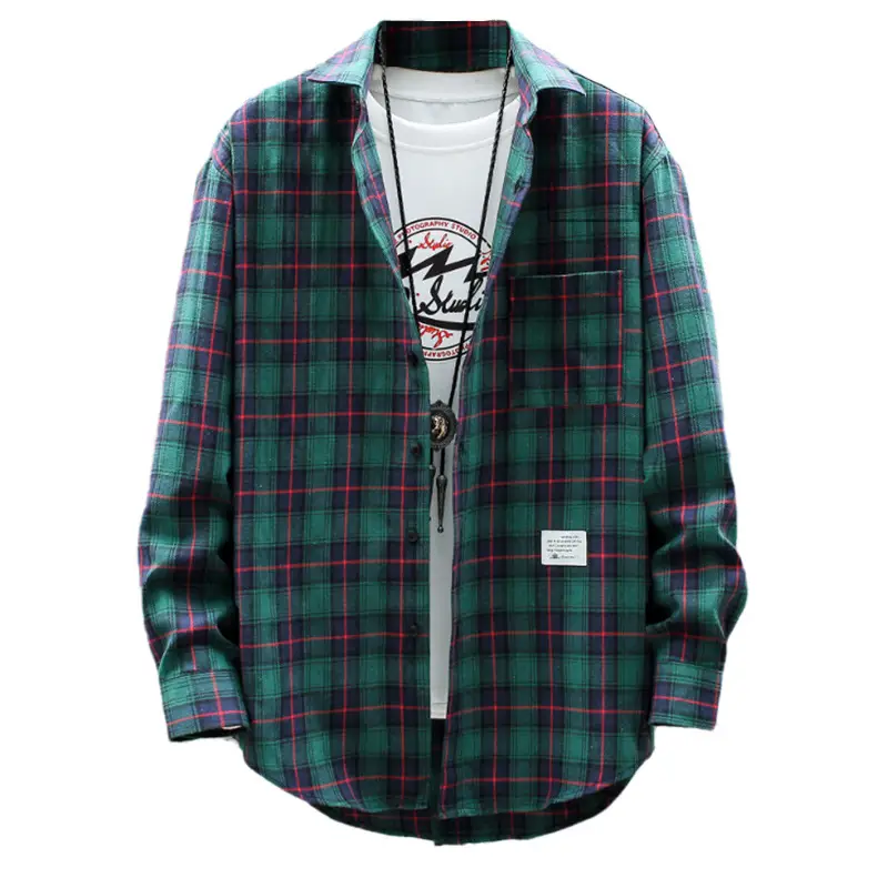 Men Plaid Flannel Shirt Loose Fit Yellow Blue