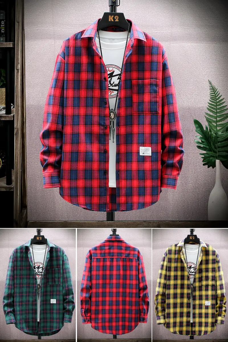 Men Plaid Flannel Shirt Loose Fit Yellow Blue