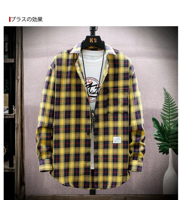 Men Plaid Flannel Shirt Loose Fit Yellow Blue — feature 11