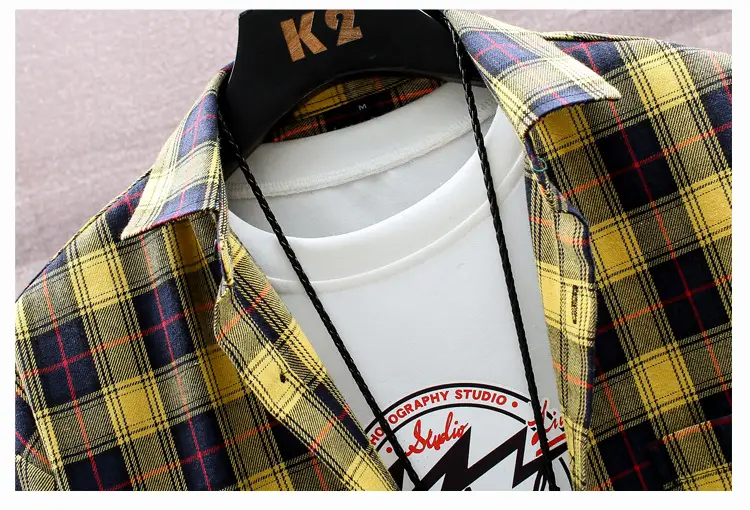 Men Plaid Flannel Shirt Loose Fit Yellow Blue — feature 17
