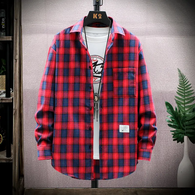 Men Plaid Flannel Shirt Loose Fit Yellow Blue