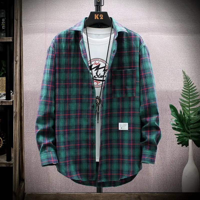 Men Plaid Flannel Shirt Loose Fit Yellow Blue