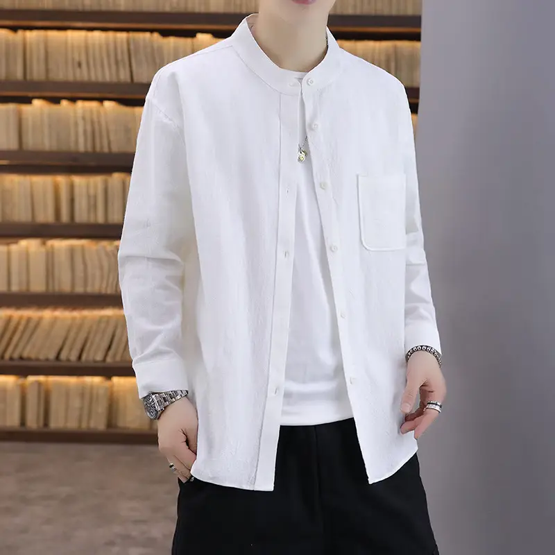 Men Light Blue Button Collar Shirt Long Sleeve - Image 6