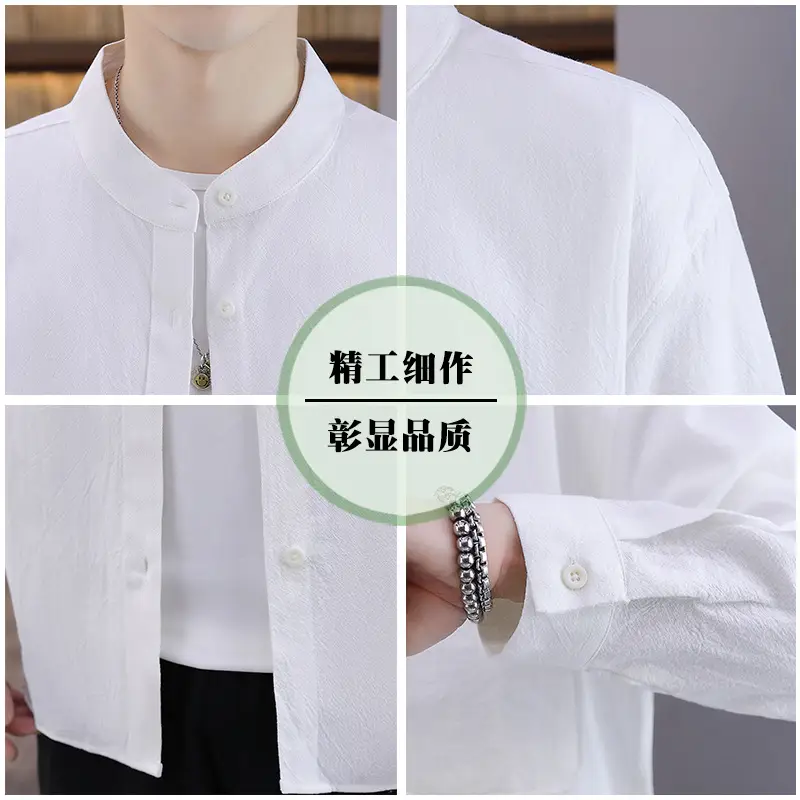 Men Light Blue Button Collar Shirt Long Sleeve - Image 7