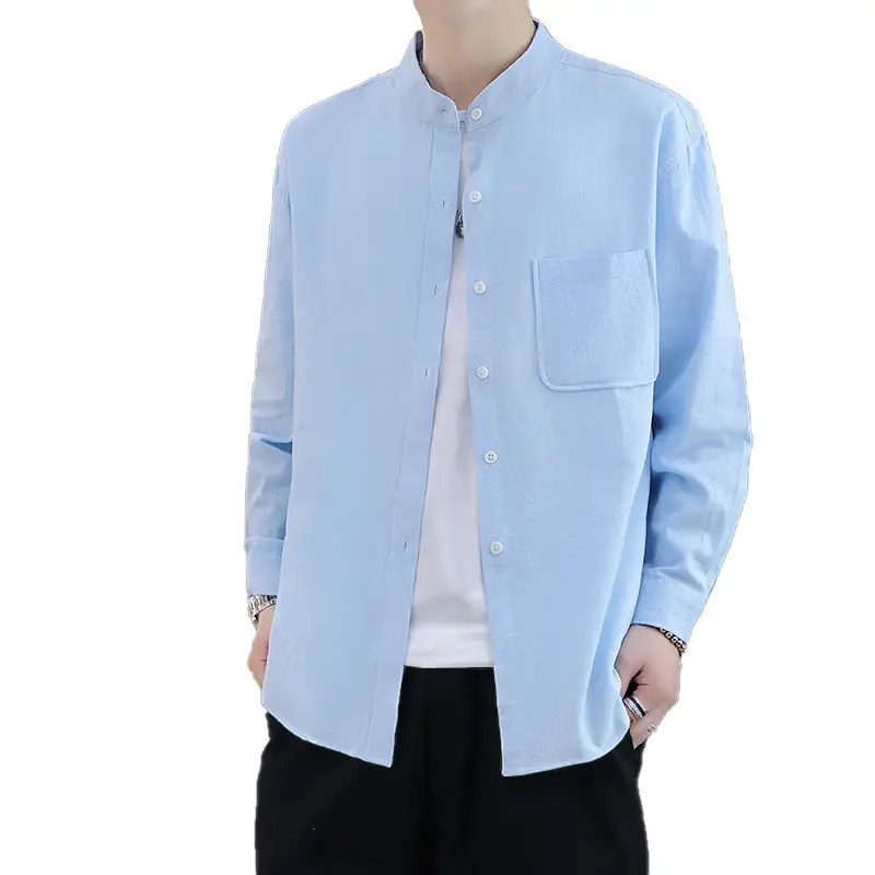 Men Light Blue Button Collar Shirt Long Sleeve - Image 9