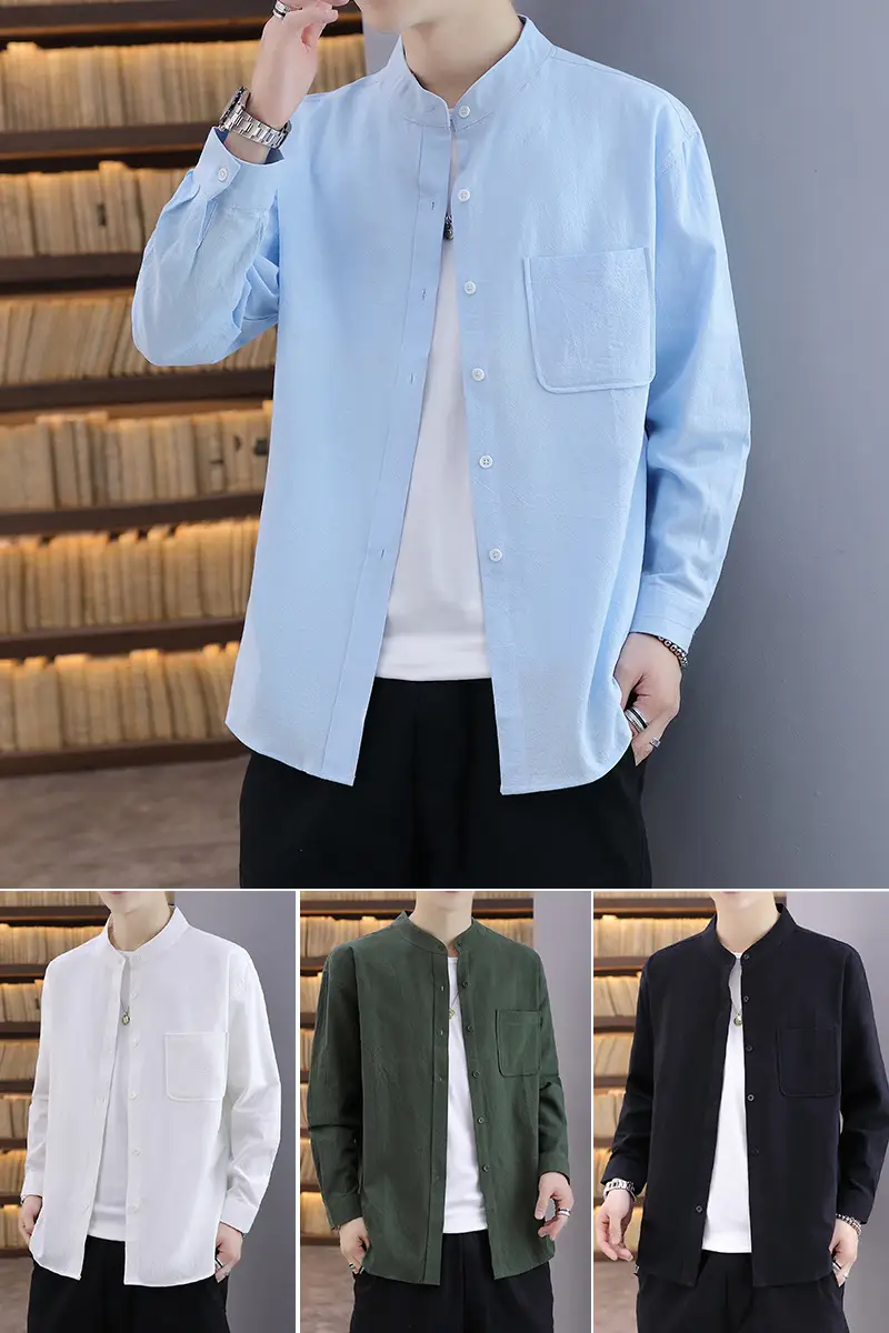 Men Light Blue Button Collar Shirt Long Sleeve - Image 10