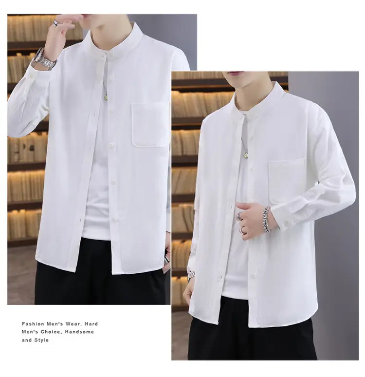 Men Light Blue Button Collar Shirt Long Sleeve — feature 13