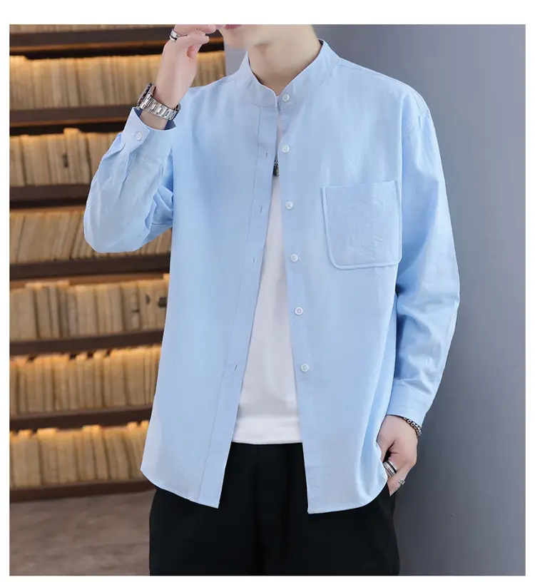 Men Light Blue Button Collar Shirt Long Sleeve — feature 20
