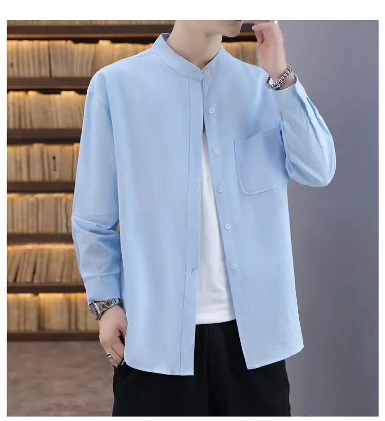Men Light Blue Button Collar Shirt Long Sleeve — feature 23