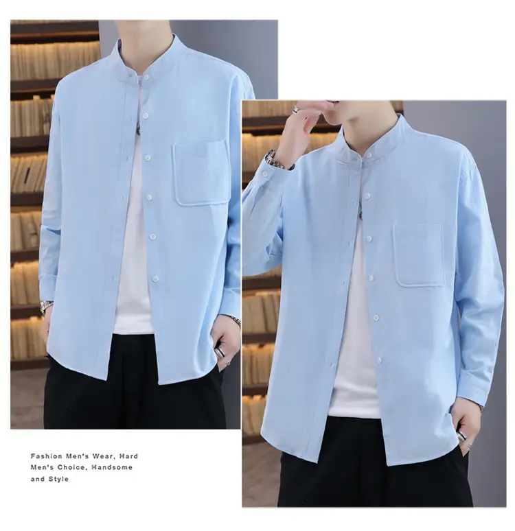 Men Light Blue Button Collar Shirt Long Sleeve — feature 25