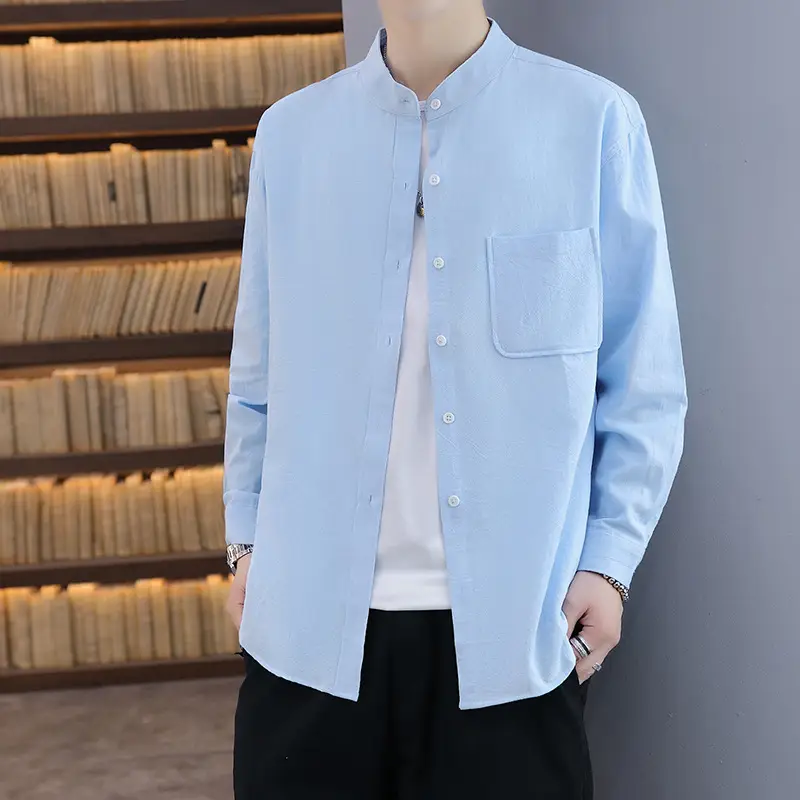 Men Light Blue Button Collar Shirt Long Sleeve - Image 3