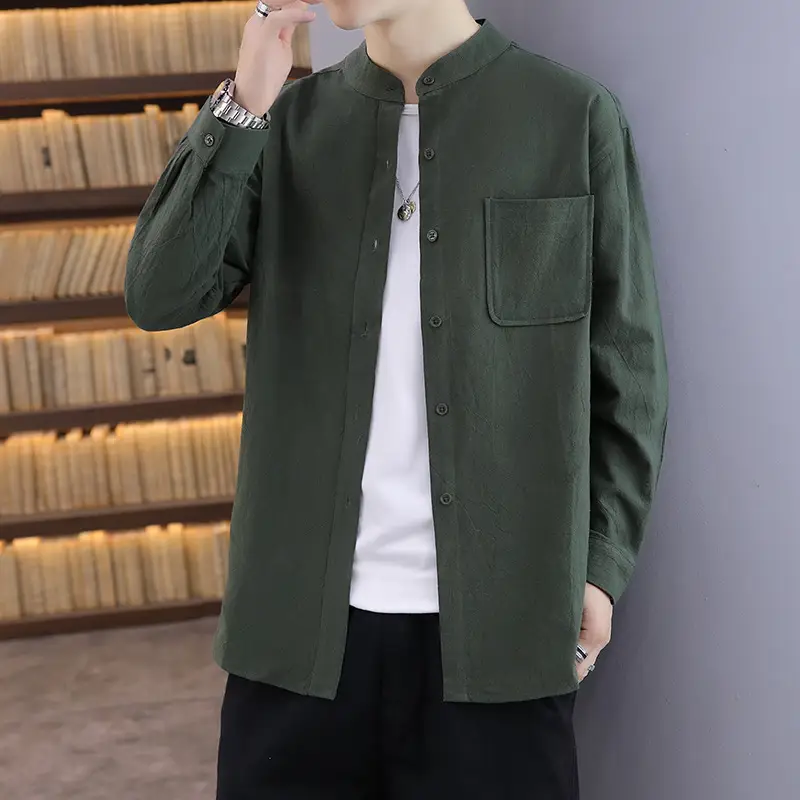 Men Light Blue Button Collar Shirt Long Sleeve - Image 4