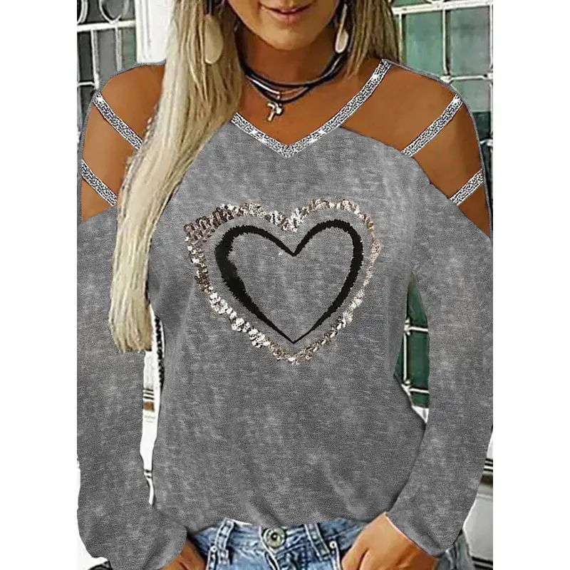 2020 Wish Independent Station Heart Print Long Sleeve T-Shirt Grey - Image 9