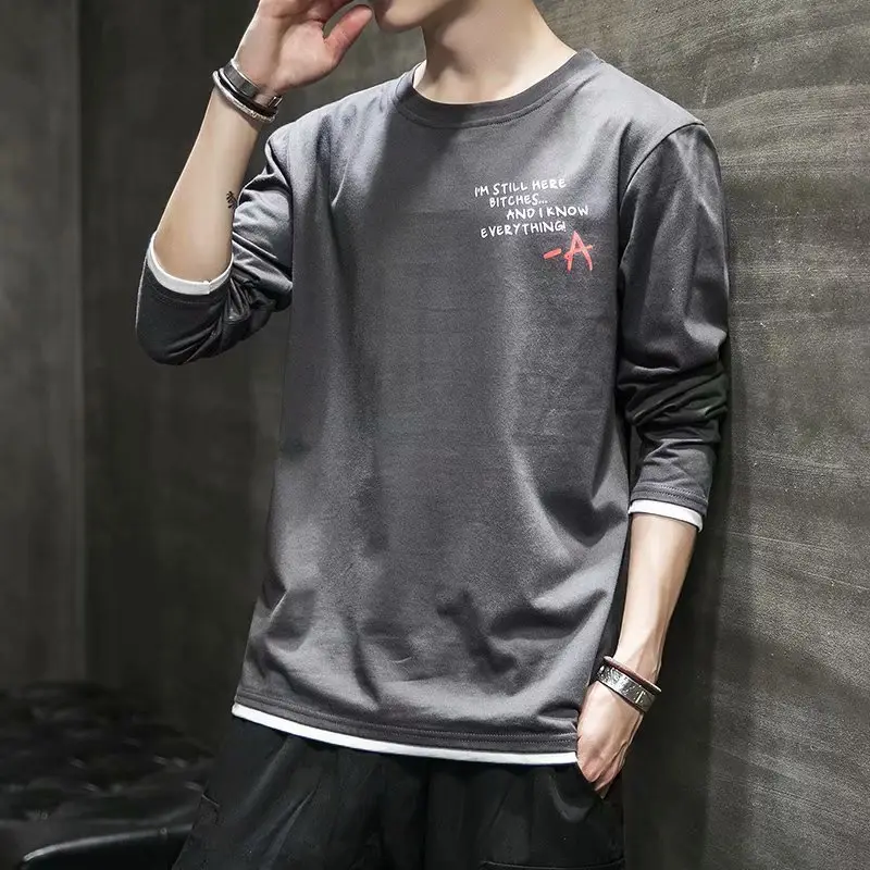 Men's White Long Sleeve T-Shirt Plain Round Neck