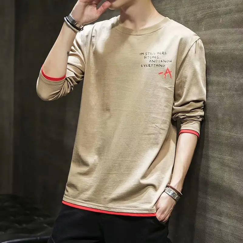 Men's White Long Sleeve T-Shirt Plain Round Neck