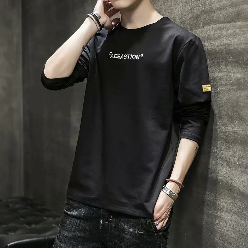 Men's White Long Sleeve T-Shirt Plain Round Neck