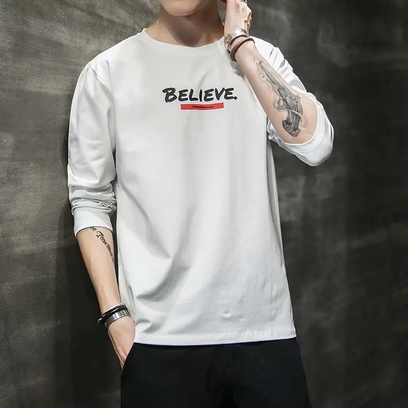 Men's White Long Sleeve T-Shirt Plain Round Neck