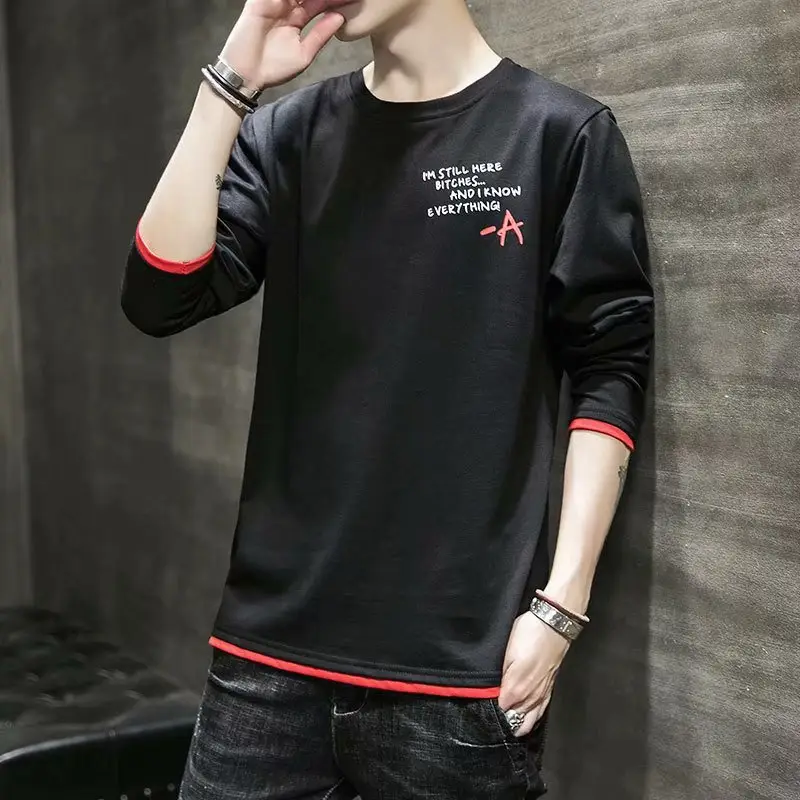 Men's White Long Sleeve T-Shirt Plain Round Neck