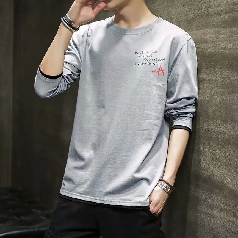 Men's White Long Sleeve T-Shirt Plain Round Neck